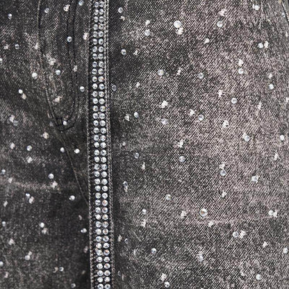 Rhinestone Print Wash Damage Straight Denim Jeans WN24352