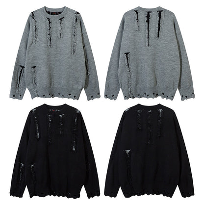 Oversize Frayed Hem Damage Knit Sweater WN11450