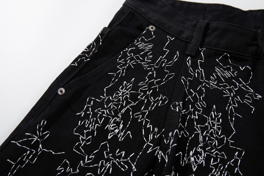 All-Over Embroidery Washed Wide Leg Denim Jeans WN27835
