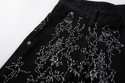 All-Over Embroidery Washed Wide Leg Denim Jeans WN27835