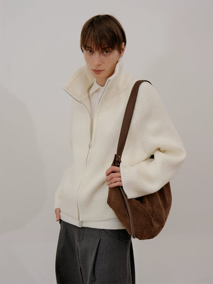 Thick Zipper Stand Neck Knit Cardigan WN21673