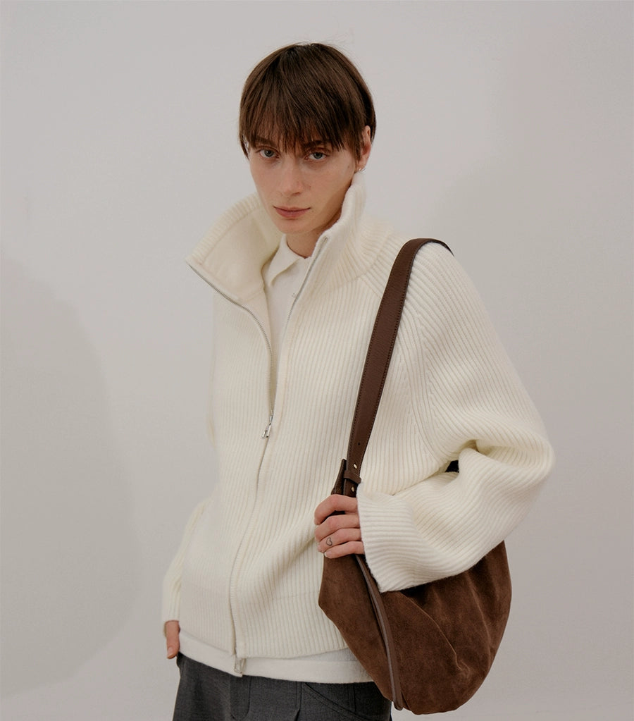 Thick Zipper Stand Neck Knit Cardigan WN21673