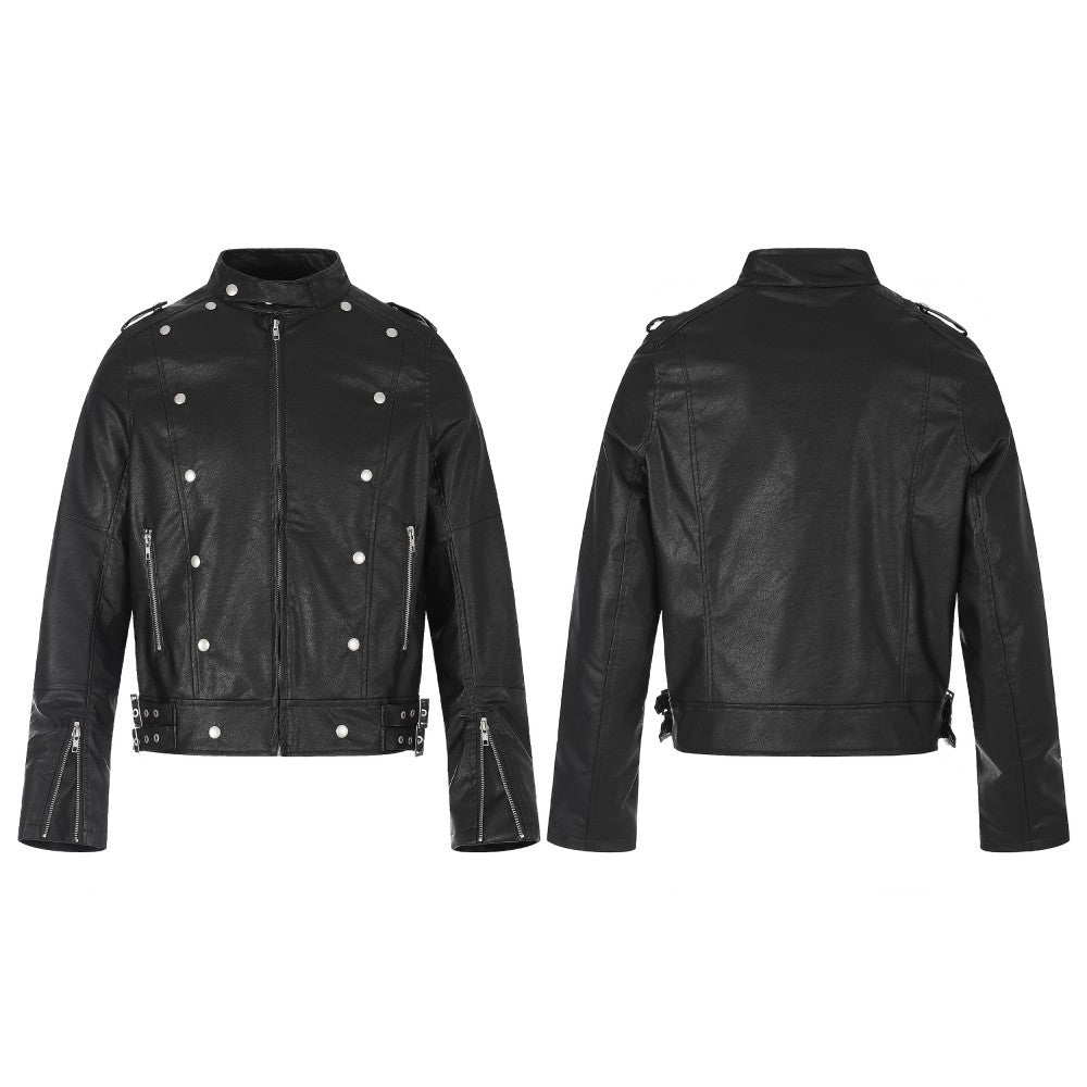 Stand Neck Double Studs Zipper PU Leather Jacket WN28068