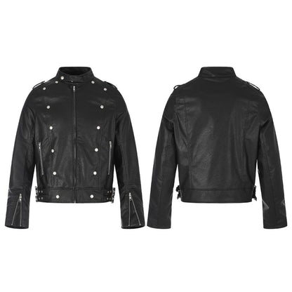 Stand Neck Double Studs Zipper PU Leather Jacket WN28068