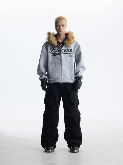 Fake Fur Design Embroidery Letter Oversize Zipper Hoodie WN20822