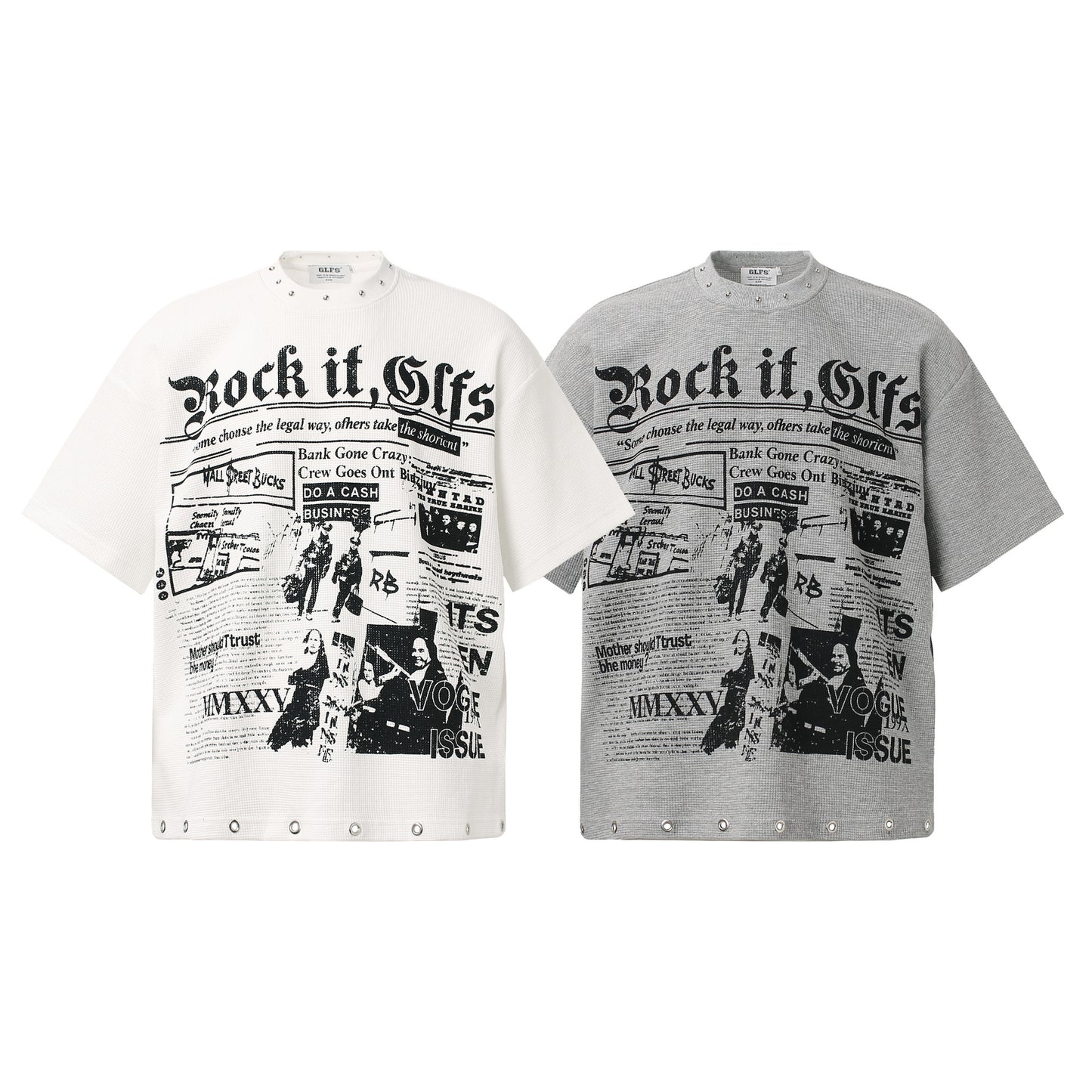 Waffle Newspaper Print Studs Short Sleeve T-Shirt WN25995