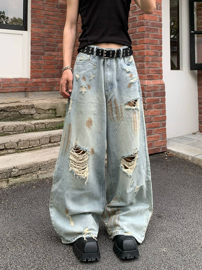 Damage Washed Wide Leg Denim Jeans WN19790