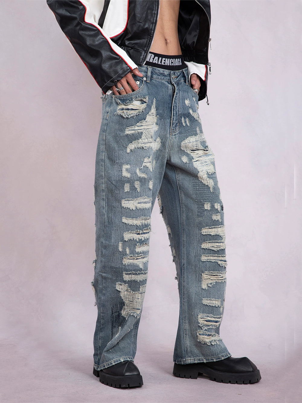 Damage Straight Leg Denim Jeans WN9329