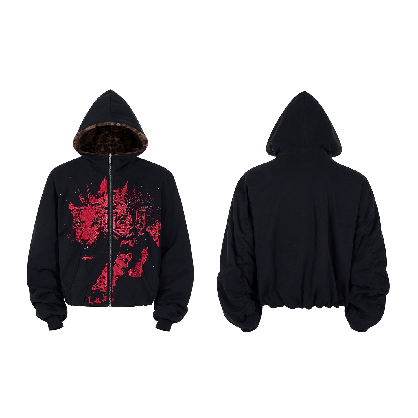 Leopard Embroidery Fleece Lining Thick Fur Patchwork Hoodie & Pants Setup WN22653