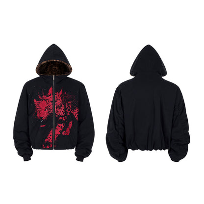 Leopard Embroidery Fleece Lining Thick Fur Patchwork Hoodie & Pants Setup WN22653