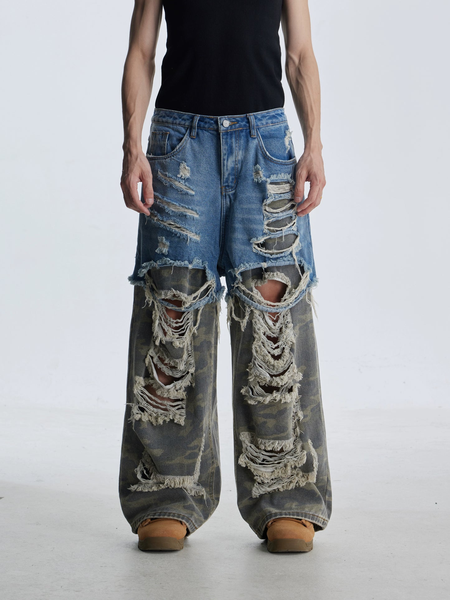 Splicing Fake Layered Damage Hole Wide Leg Denim Jeans WN21331