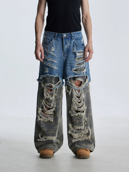 Splicing Fake Layered Damage Hole Wide Leg Denim Jeans WN21331