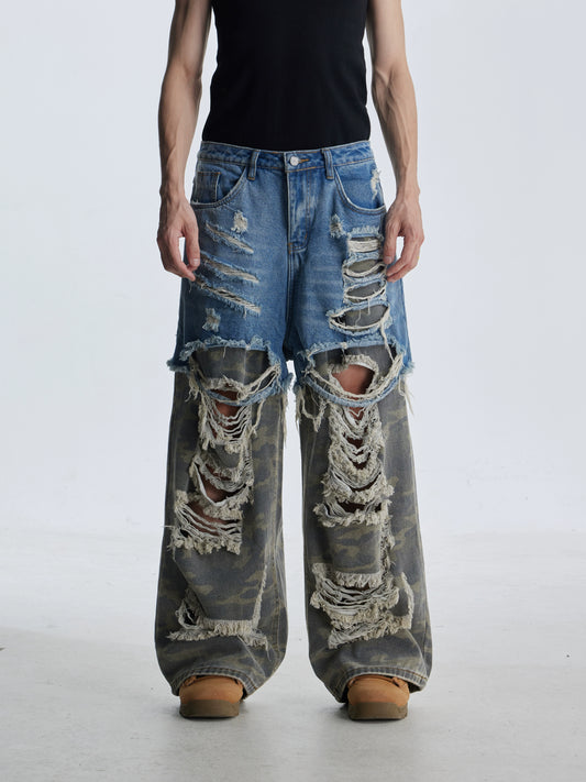 Splicing Fake Layered Damage Hole Wide Leg Denim Jeans WN21331