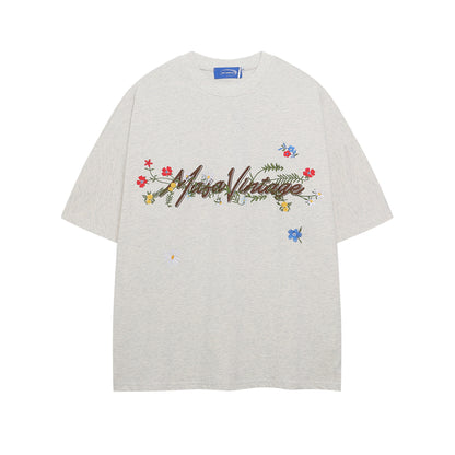Flower Embroidery Letter Short Sleeve T-Shirt WN26790