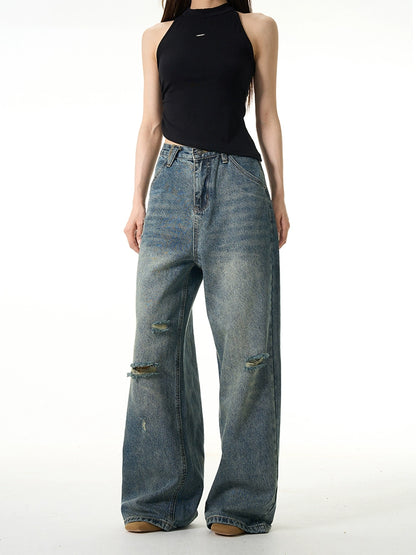 Damage Wide-Leg Straight Denim Jeans WN7624