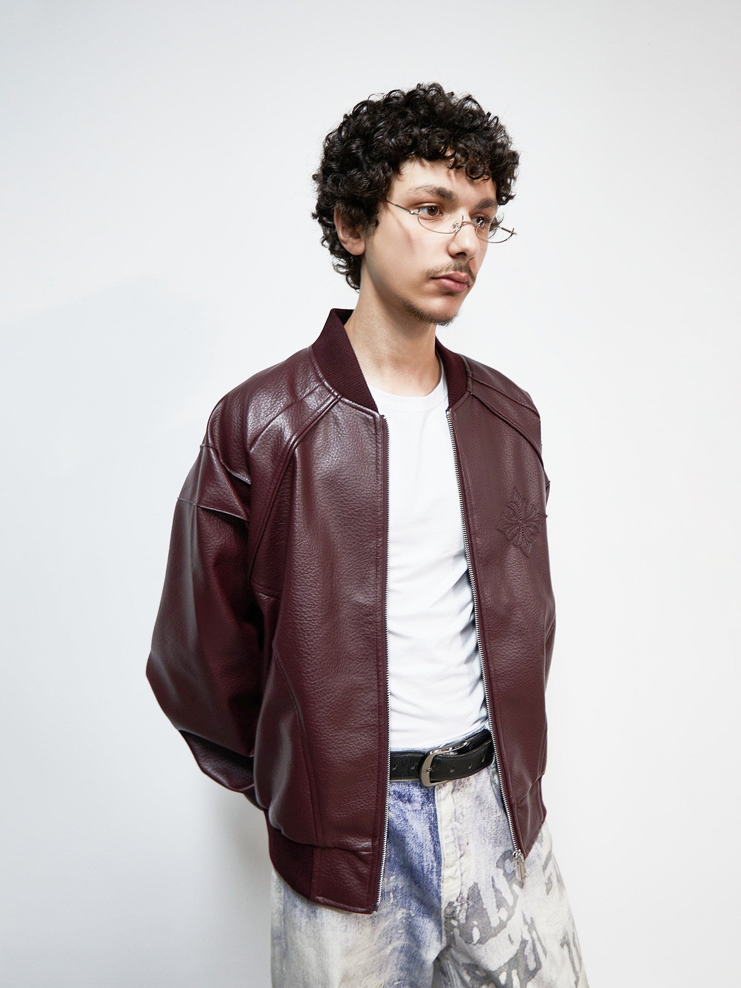 PU Leather Embroidery Baseball Collar Oversize Jacket WN22922