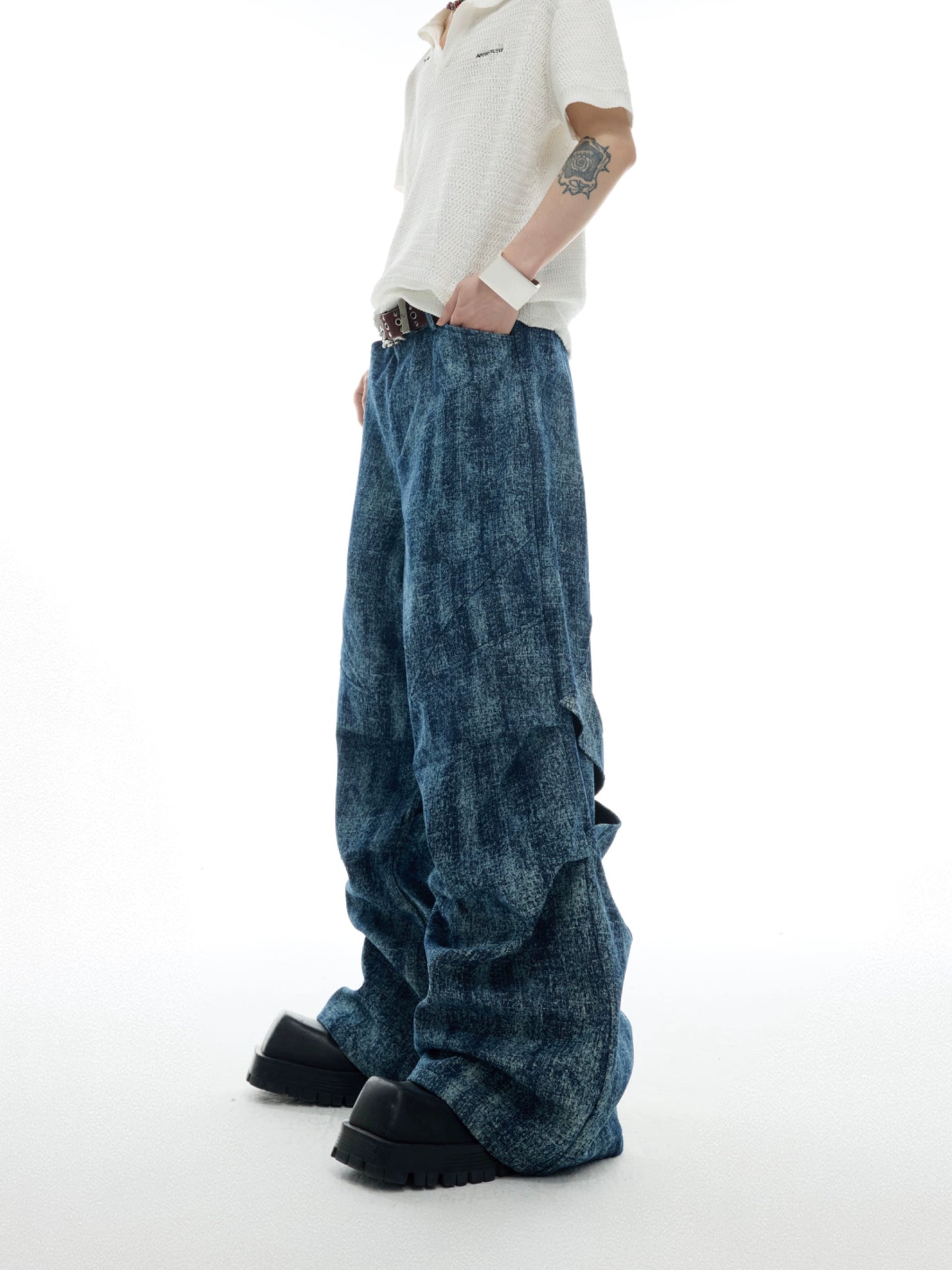 Marbled Pleats Texture Wide-Leg Straight Denim Jeans WN16331