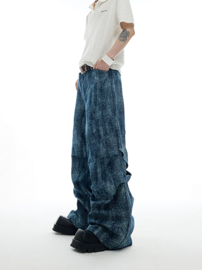 Marbled Pleats Texture Wide-Leg Straight Denim Jeans WN16331