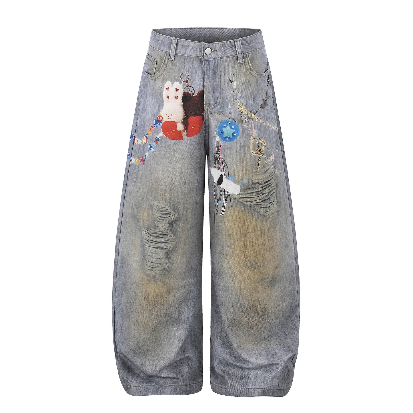 Washed Damage Embroidery Wide Leg Denim Jeans WN25388
