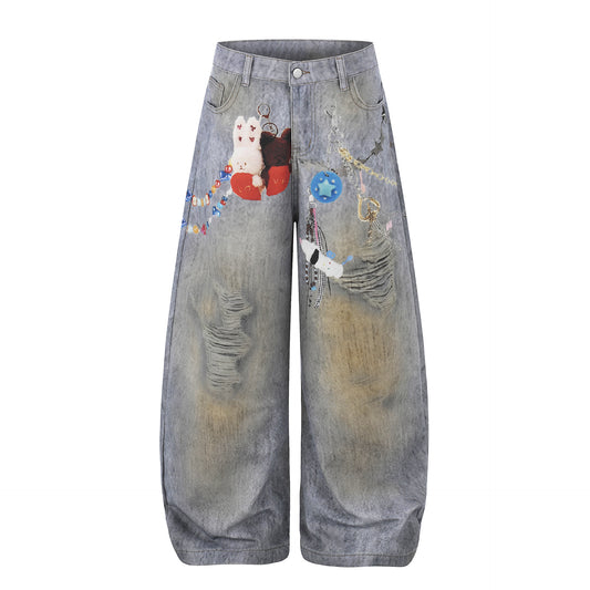 Washed Damage Embroidery Wide Leg Denim Jeans WN25388