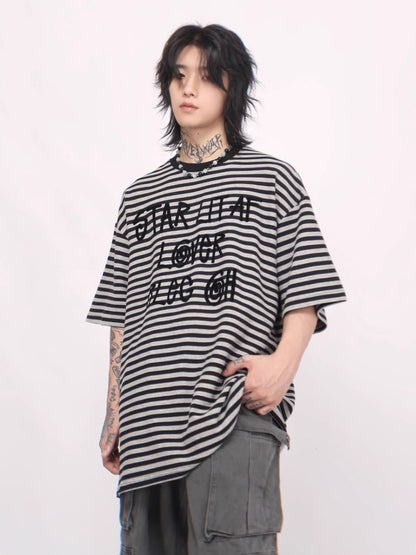 Oversize Stripe Letter Short Sleeve T-shirt WN6541