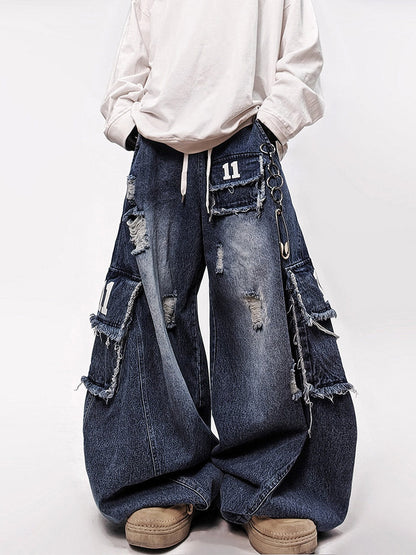Number Patch Damage Wide Leg Cargo Denim Jeans WN24012