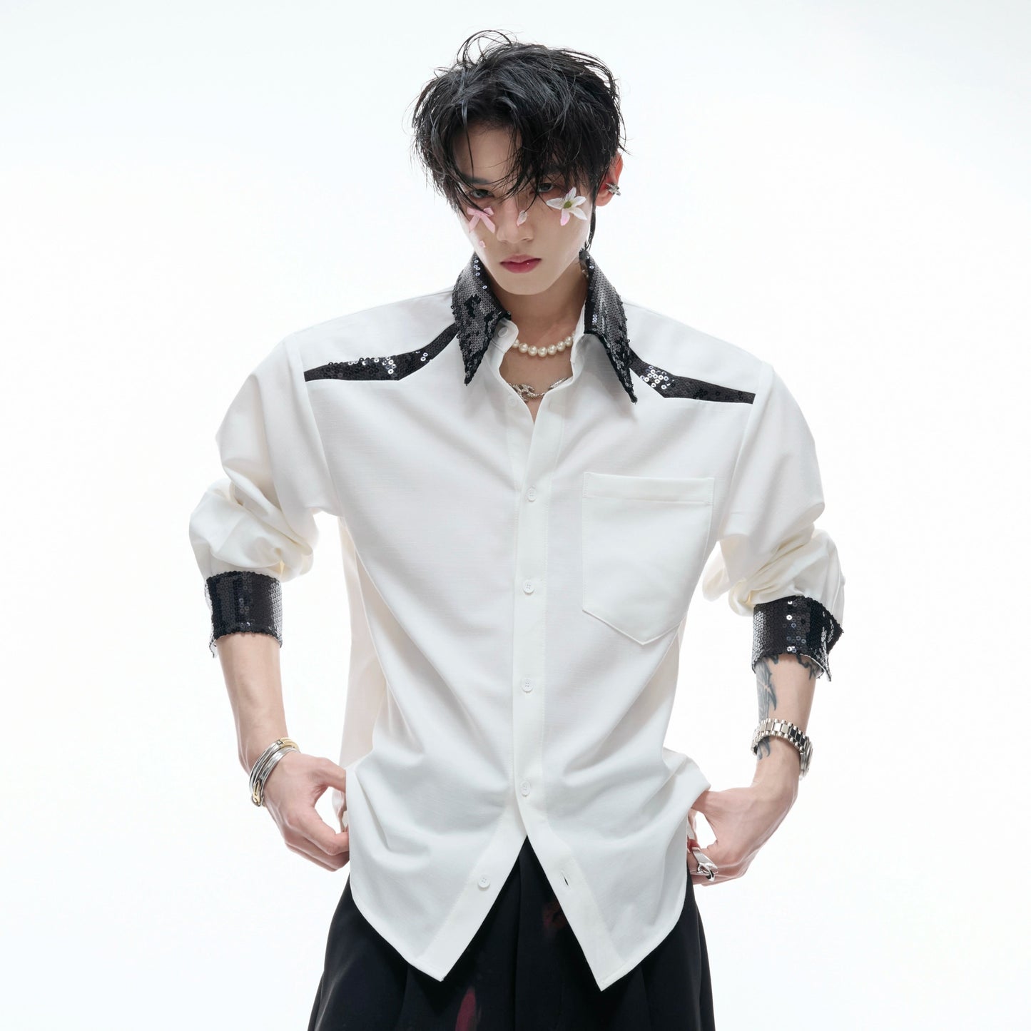 Sequin Colorblock Drape Shoulder-Pad Long Sleeve Shirt WN20531