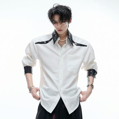 Sequin Colorblock Drape Shoulder-Pad Long Sleeve Shirt WN20531