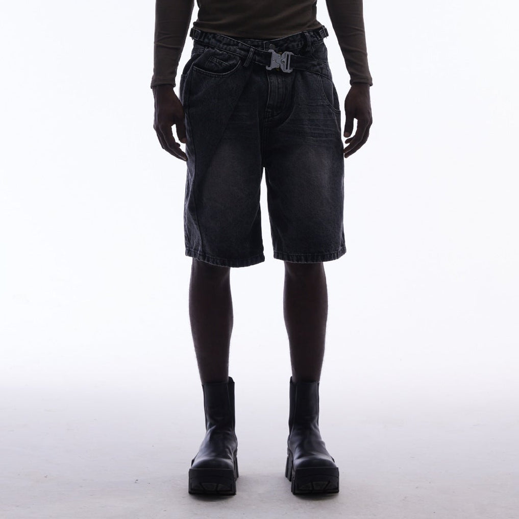 Washed Whisker Metal Buckle Denim Half Pants WN25513