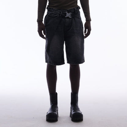 Washed Whisker Metal Buckle Denim Half Pants WN25513