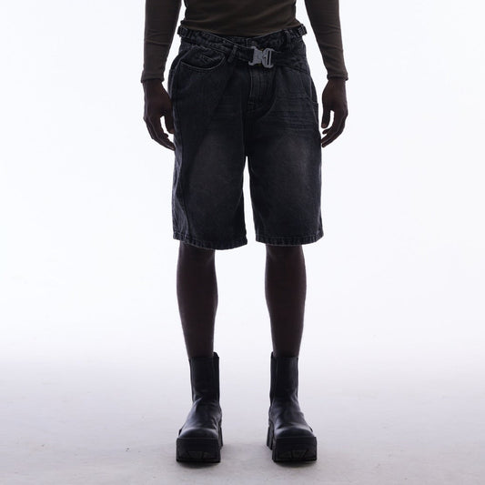 Washed Whisker Metal Buckle Denim Half Pants WN25513