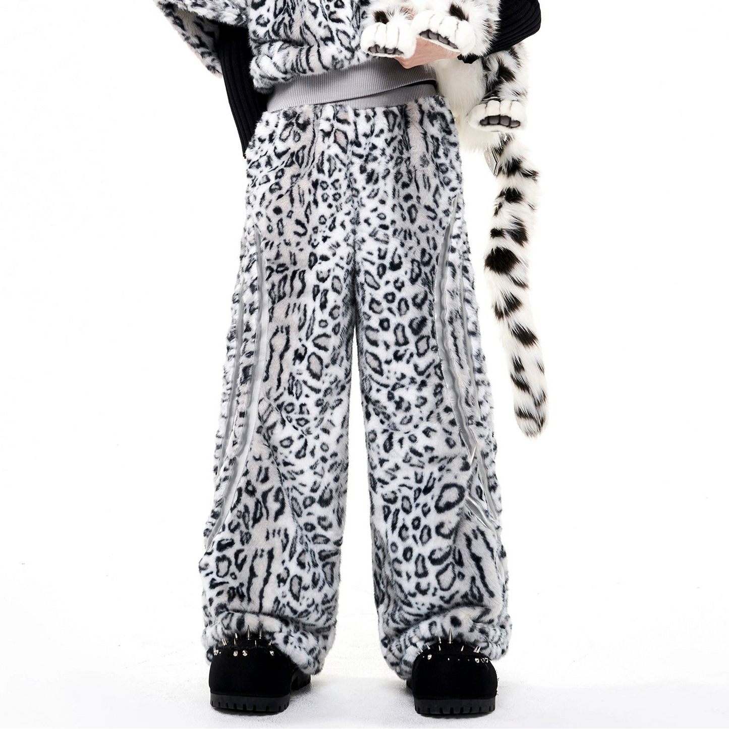 Leopard Patchwork Fake Fur High-Neck Short Sweatpshirt & Wide Leg Pants Setup WN21815