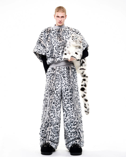 Leopard Patchwork Fake Fur High-Neck Short Sweatpshirt & Wide Leg Pants Setup WN21815