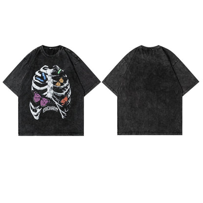 Washed Skeleton Butterfly Print Short Sleeve T-Shirt WN25460