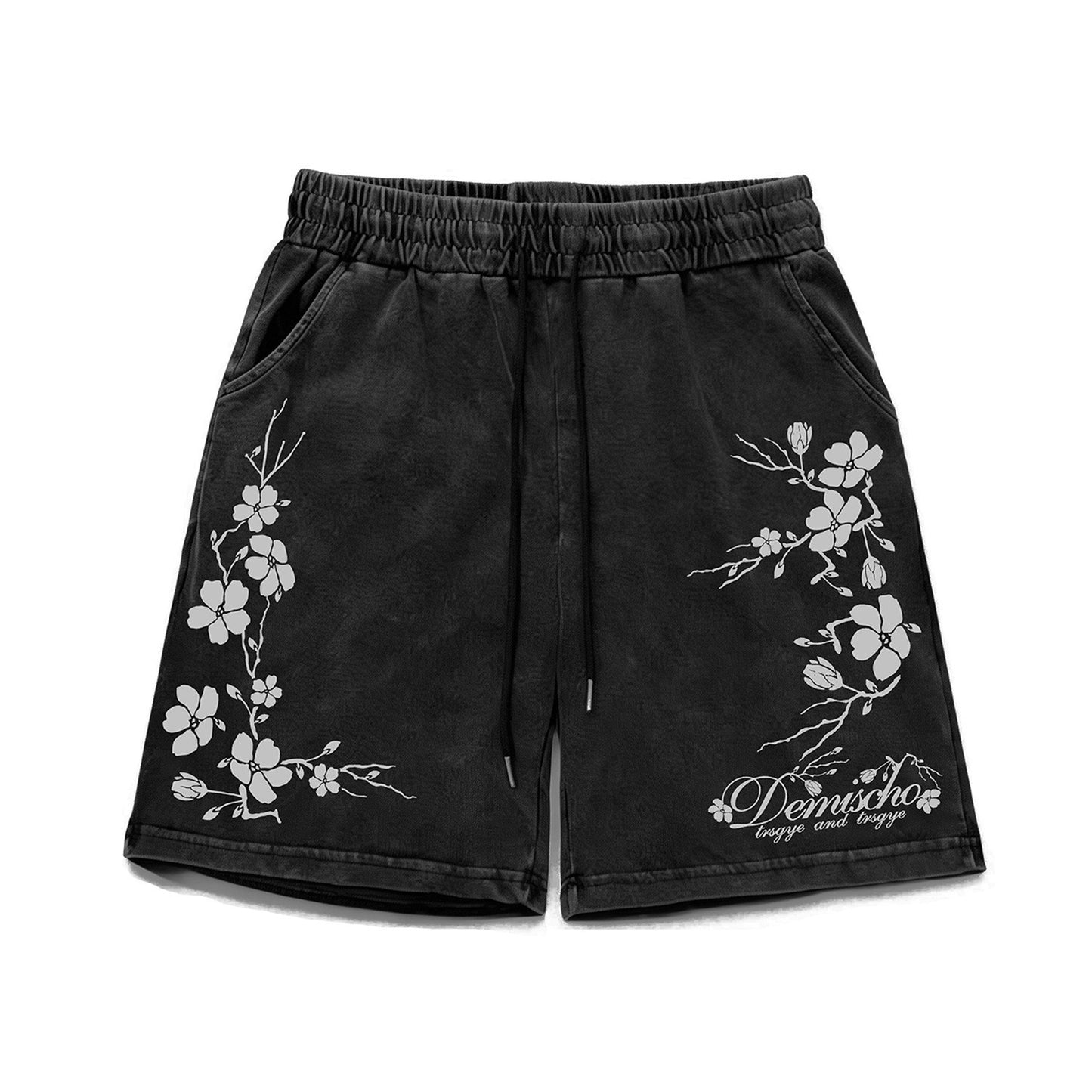 Washed Plum Blossom Print Half Sweatpants WN26749