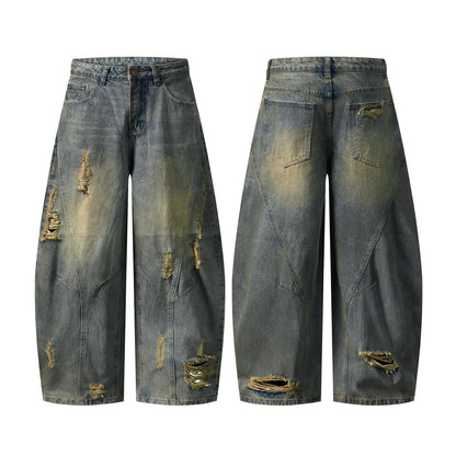 Washed Paint Splatter Ripped Curved Leg Denim Jeans WN26825