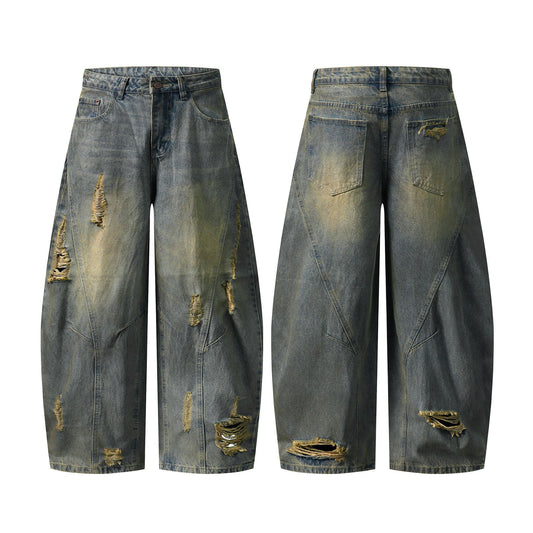 Washed Paint Splatter Ripped Curved Leg Denim Jeans WN26825