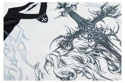 Sporty Illustration Cross V-Neck Short Sleeve T-Shirt WN26472