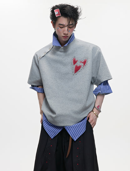 Irregular Neckline Embroidery Rhinestone Short Sleeve T-Shirt WN18374