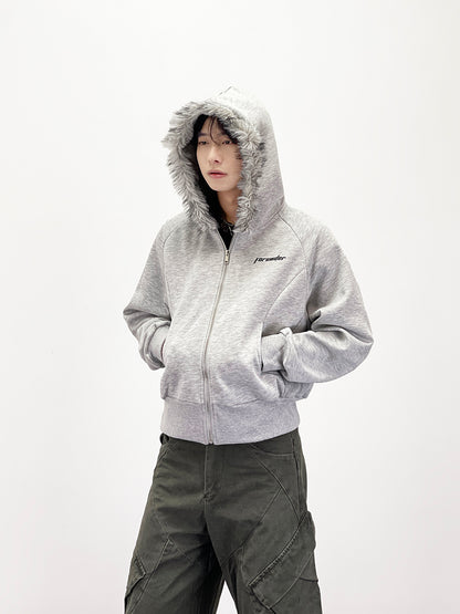 Fake Fur Collar Short Length Oversize Zipper Hoodie WN24246