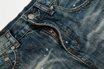 Washed Whisker Paint Splatter Curved Denim Jeans WN26141