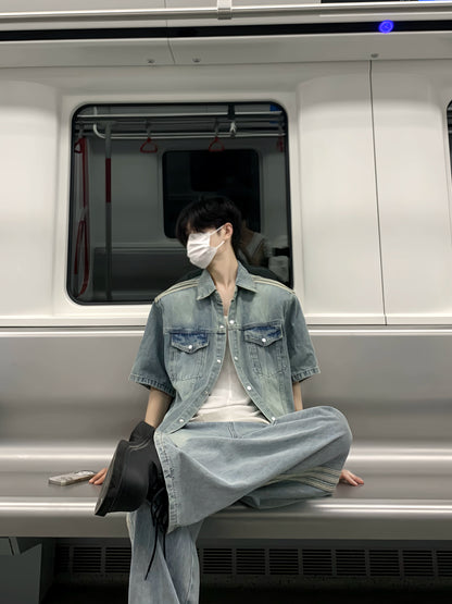Washed Short Sleeve Denim Jacket & Side Stripe Washed Denim Jeans Setup WN19850