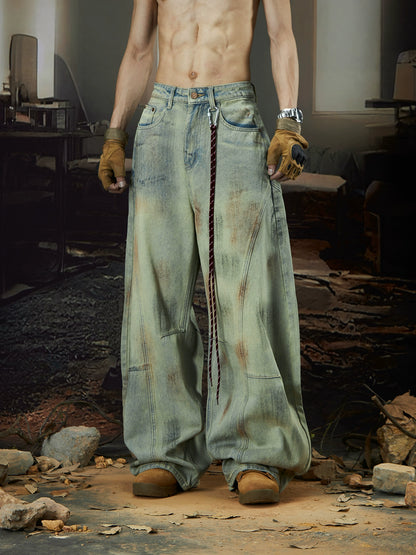 Hand-Paint Dyed Wash Wide Leg Denim Jeans WN18426
