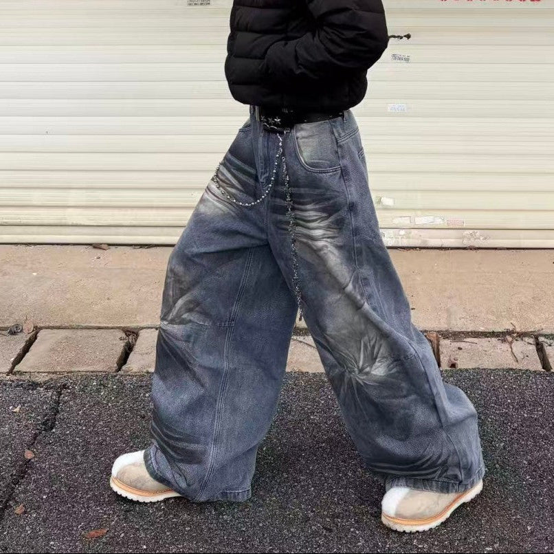 Crackle Washed Wide Leg Denim Jeans WN27840