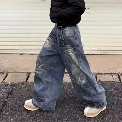 Crackle Washed Wide Leg Denim Jeans WN27840