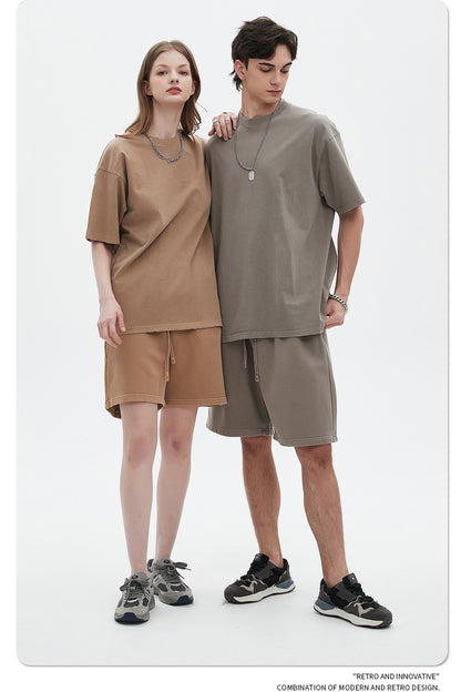 Washed Dyed Oversize Damage Short-sleeve T-shirt & Short Sweatpants Setup WN6630