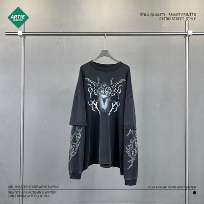 Fake Layered Round Neck Print Long Sleeve T-Shirt WN7815