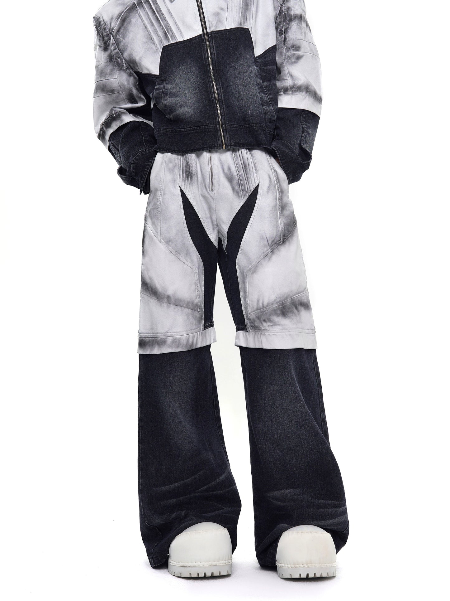 PU Leather Mix Paint Short Denim Jacket & PU Leather Mix Denim Jeans Setup WN20378