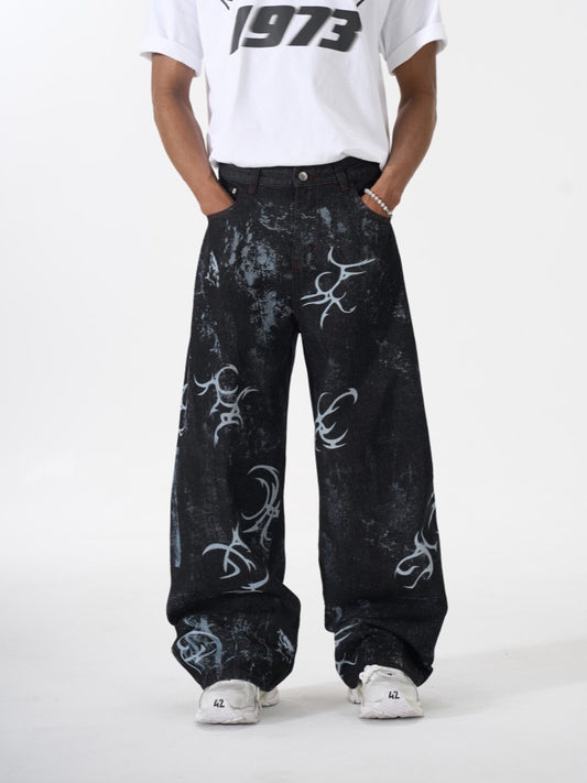 Graffiti Totem Print Wide Leg Denim Jeans WN27881