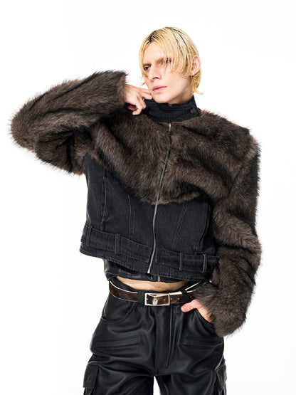 Fake Fur Patchwork Damage Short Denim Jacket WN21822